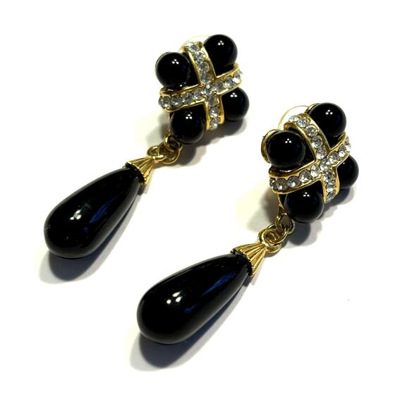 Elegant pierced earrings black enamel & white rhinestones drop & dangle style - Picture 5 of 6